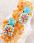 Talavera Tile Blue Turquoise Golden Drop Earrings