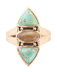 Tri-Stone Blue Turquoise and Grey Labradorite Golden Ring