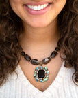 Tribecca Blue Abalone and Black Smoky Quartz Golden Statement Necklace