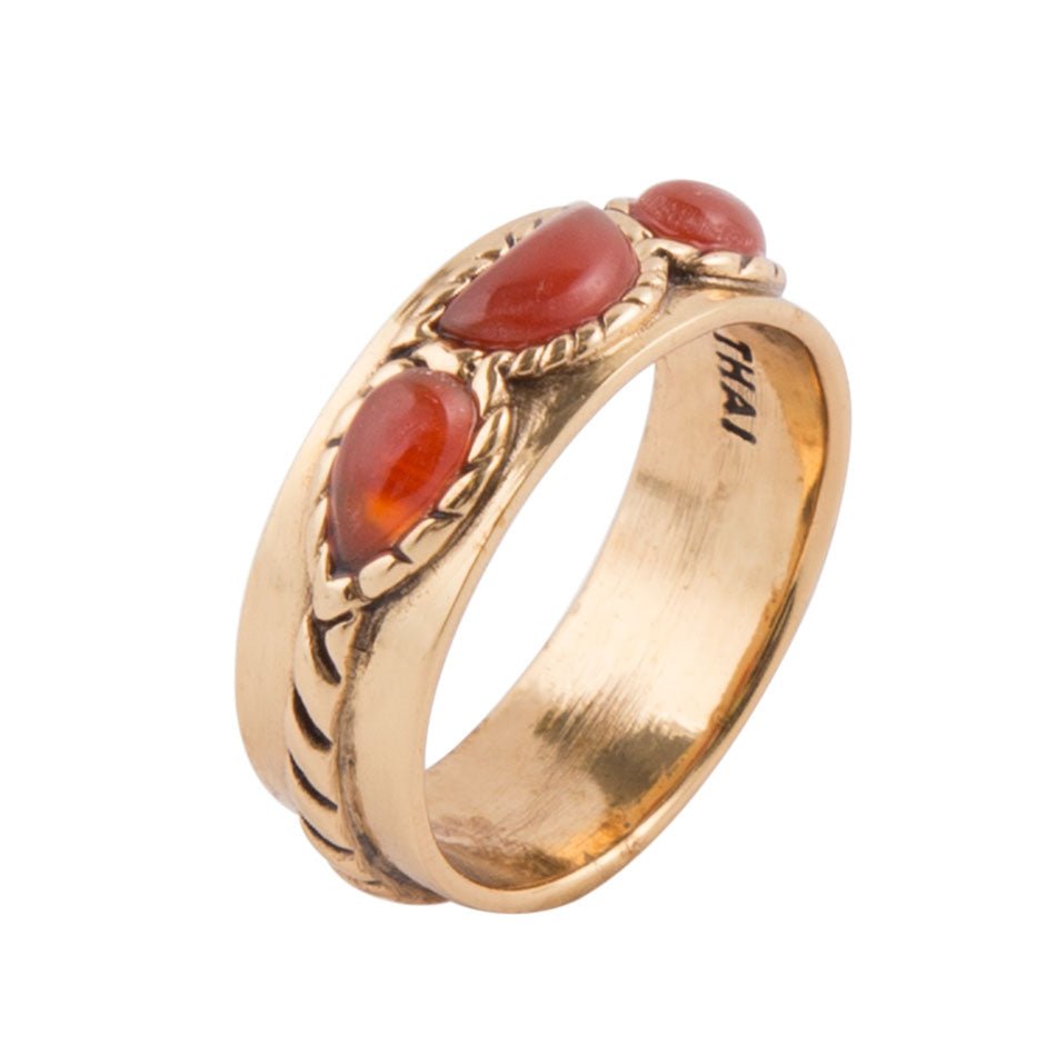 Triple Stone Orange Carnelian and Golden Ring