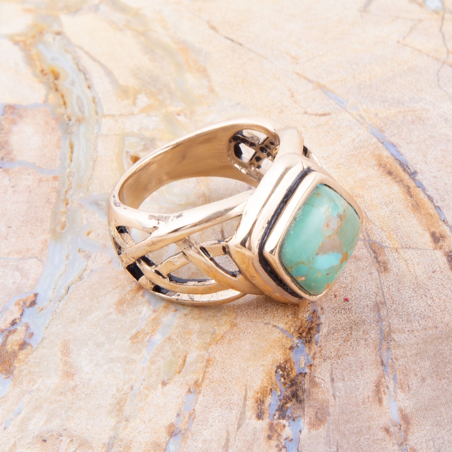 Blue Turquoise and Golden Bronze Cut Out Ring