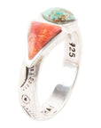 Blue Turquoise and Orange Coral Duo Sterling Silver Ring