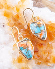 Blue Turquoise and Orange Spiny Oyster Matrix Golden Drop Earrings