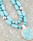 Double Stranded Blue Turquoise Sterling Silver Statement Pendant Necklace
