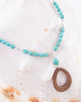 Blue Turquoise and Brown Woven Wood Pendant Sterling Silver Necklace