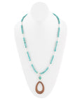 Blue Turquoise and Brown Woven Wood Pendant Sterling Silver Necklace