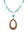 Blue Turquoise and Brown Woven Wood Pendant Sterling Silver Necklace
