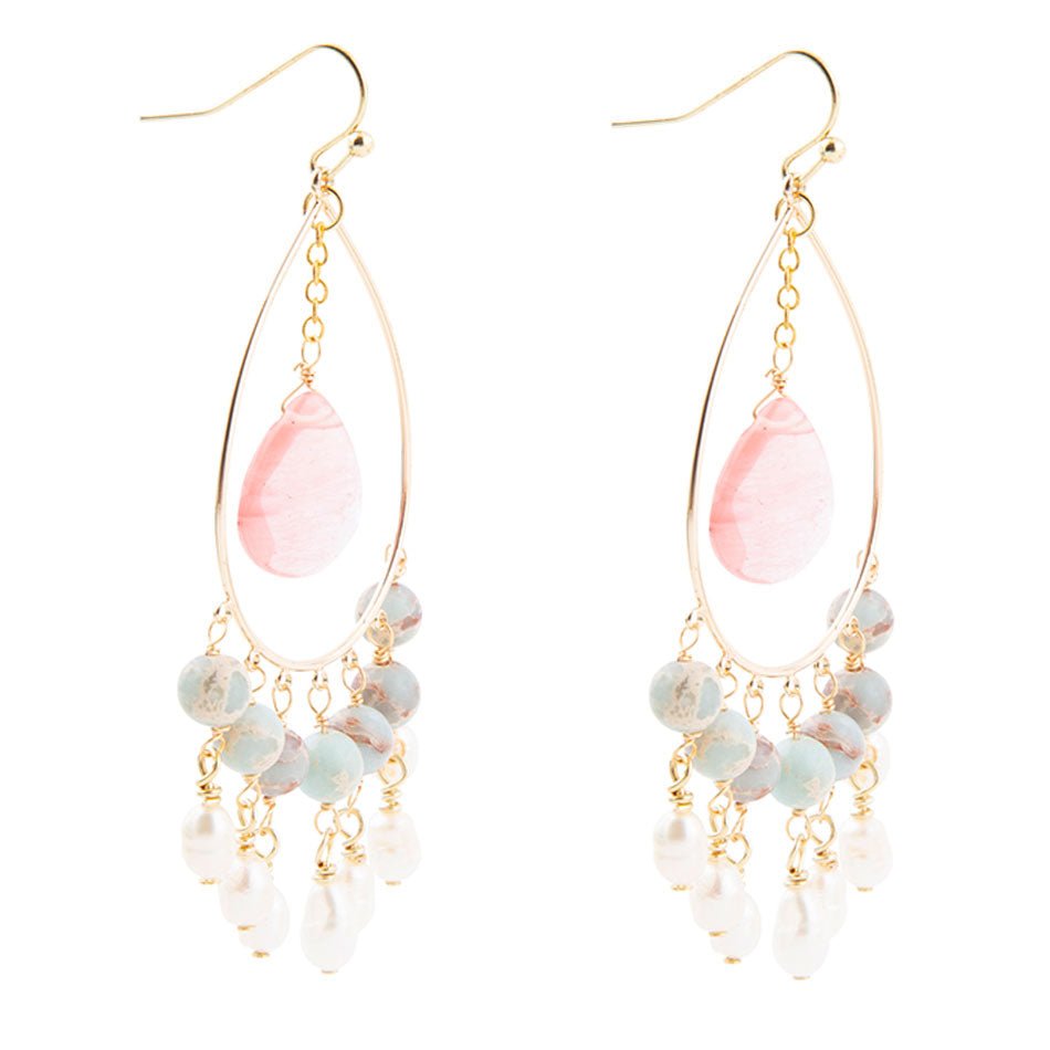 Watermelon Kiss Mint Blue Jasper Chandelier Golden Earrings