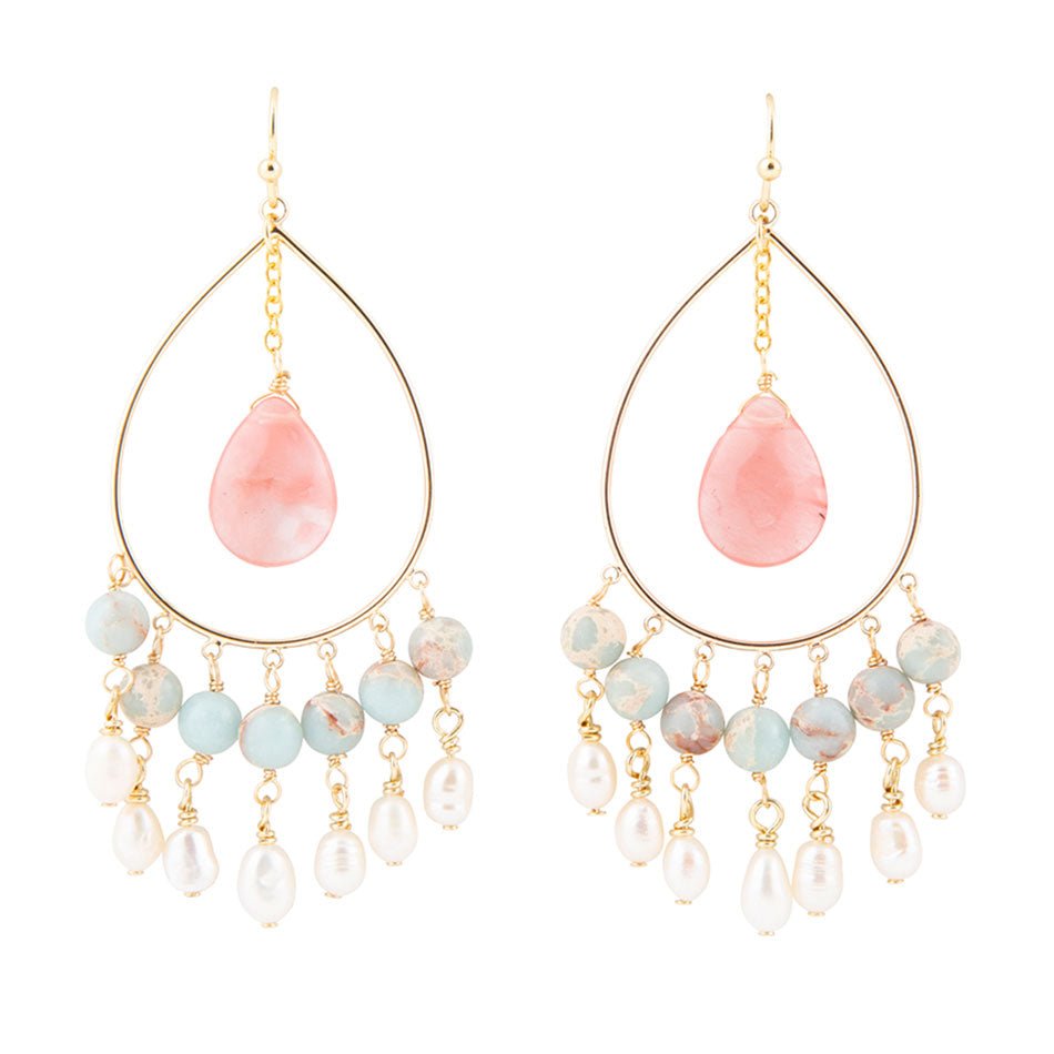 Watermelon Kiss Mint Blue Jasper Chandelier Golden Earrings