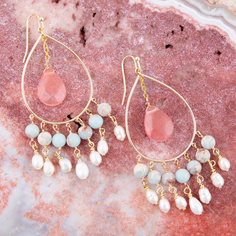 Watermelon Kiss Mint Blue Jasper Chandelier Golden Earrings