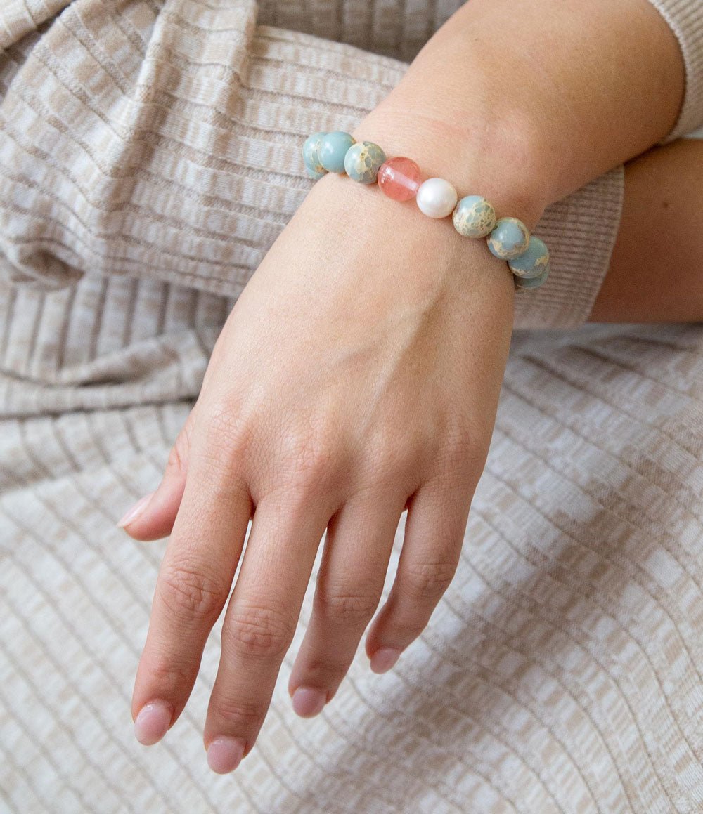 Watermelon Kiss Mint Blue Jasper Stretch Bracelet
