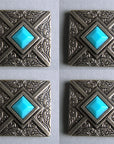 Western Screw Back Concho 1.25 In Antique Silver Turquoise Square Saddle