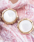 White Mother of Pearl Golden Bamboo Clip Earrings