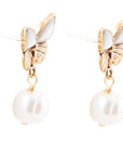 White Mother of Pearl Golden Butterflies Post Drop Earrings