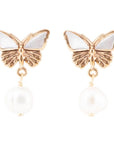 White Mother of Pearl Golden Butterflies Post Drop Earrings