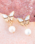 White Mother of Pearl Golden Butterflies Post Drop Earrings
