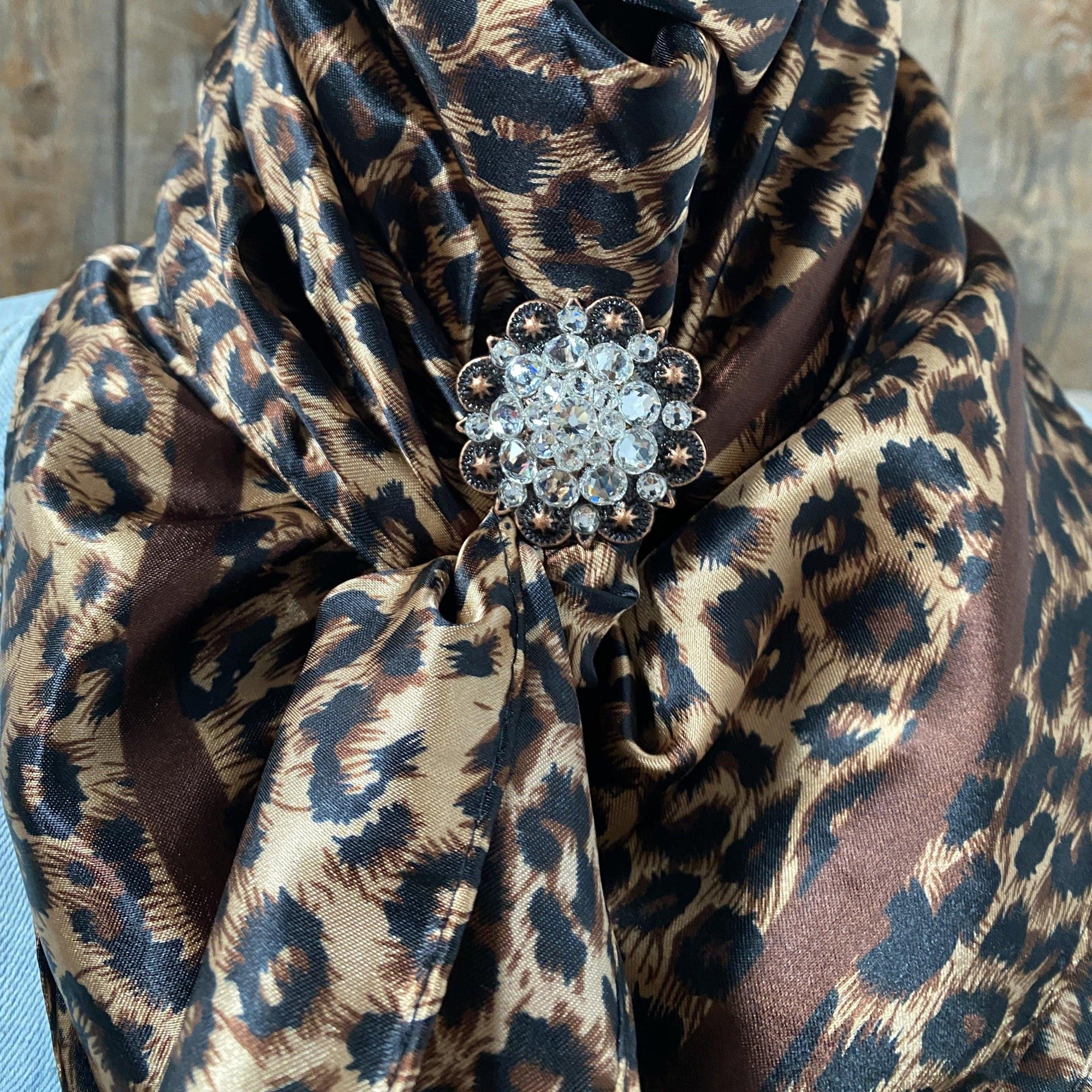 35X35" Brown Leopard Wild Rag / Scarf - Copper Clear Crystal Slide WRC169C
