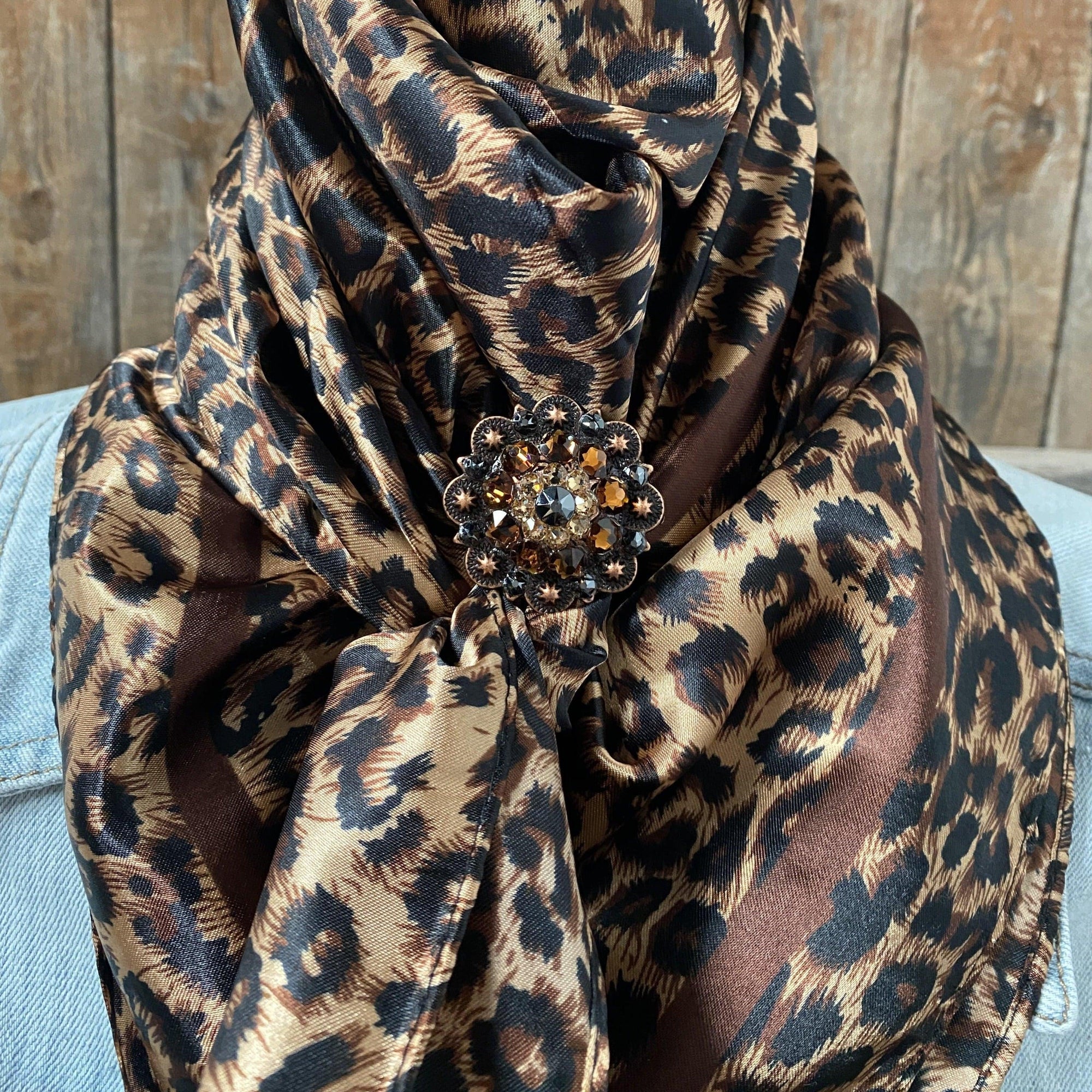 35X35" Brown Leopard Wild Rag / Scarf - Copper Jet, Champagne, Topaz Crystal Slide WRC169D