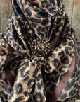 35X35" Brown Leopard Wild Rag / Scarf - Copper Jet, Champagne, Topaz Crystal Slide WRC169D