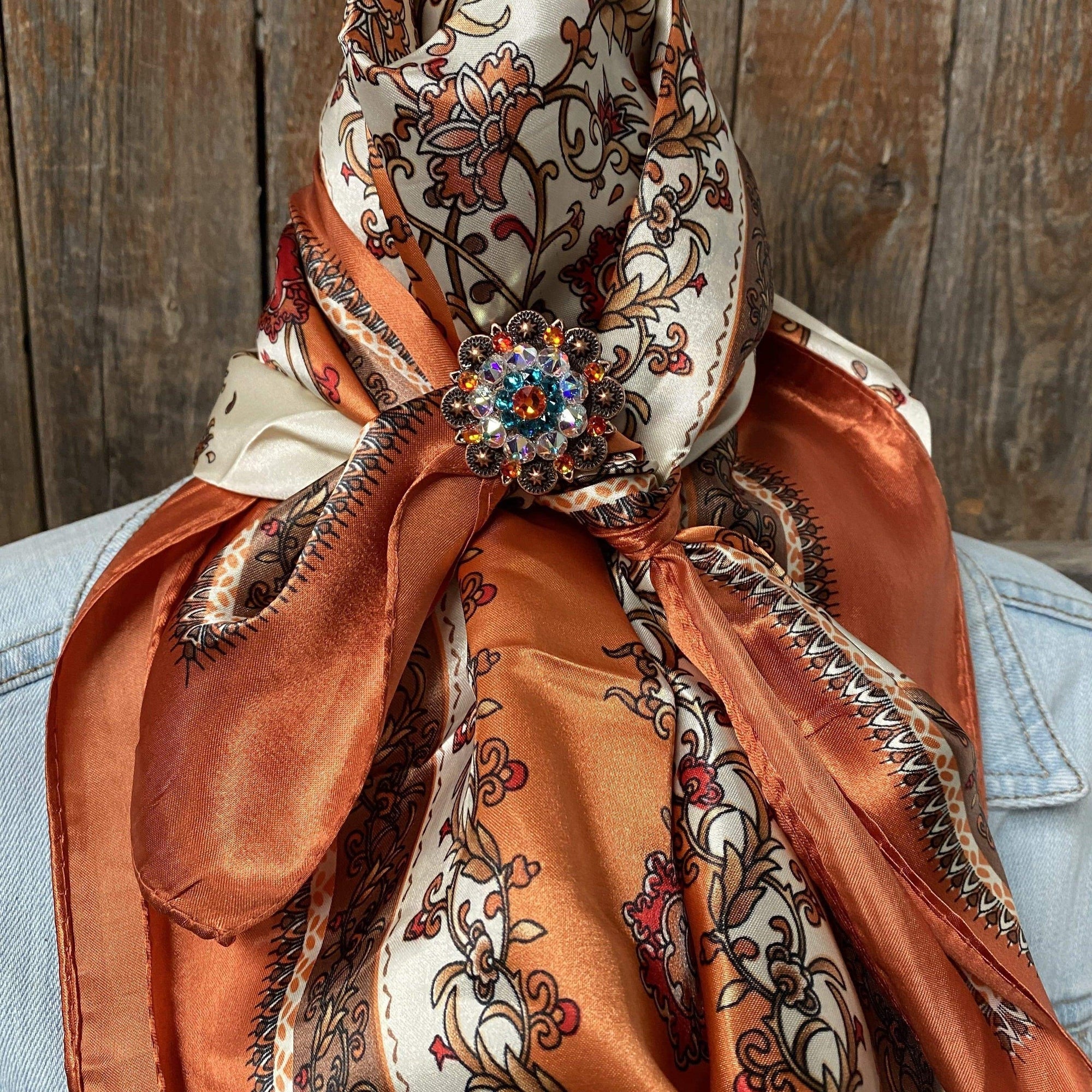35X35" Burnt Orange & Tan Wild Rag / Scarf -Copper Fire Opal, Teal, AB Slide WRC2179C