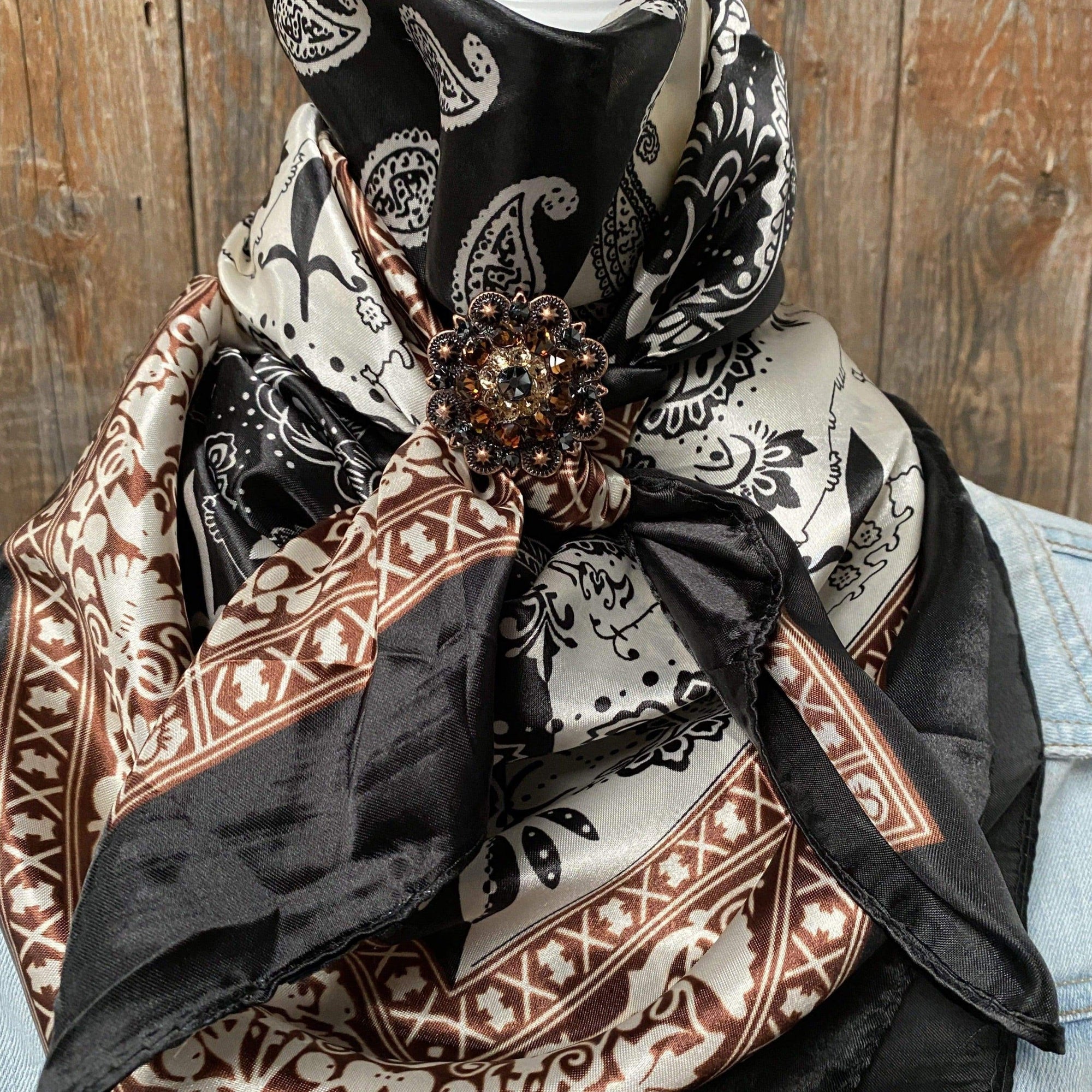 35X35" Two Tone Black Paisley Wild Rag / Scarf -Copper Jet, Champagne, Topaz Slide WRC2559C