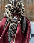 35X35" Wine Leopard Wild Rag / Scarf WRC397A  -Copper Amethyst, Aqua & Clear Slide