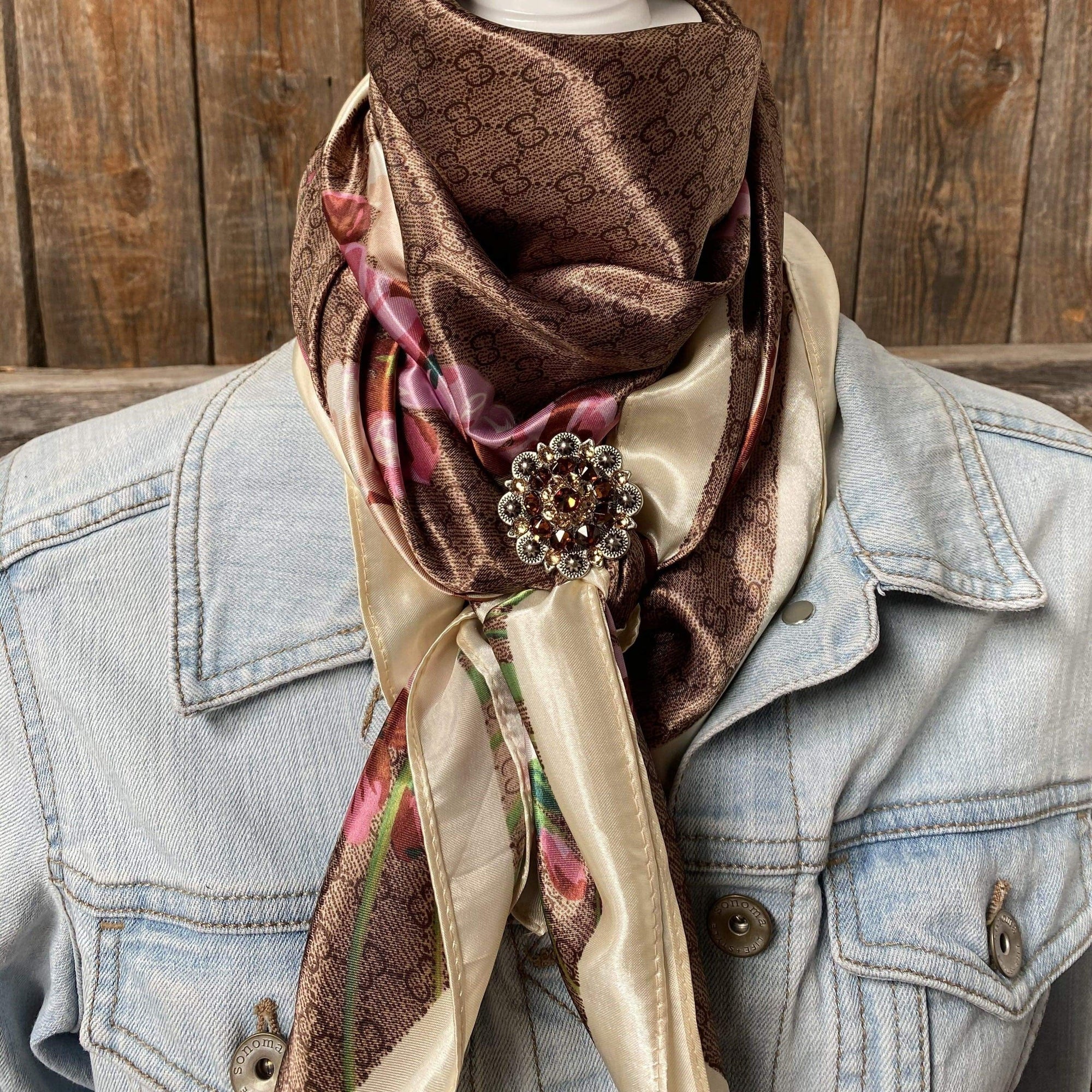 35X35" Cherry Blossom Wild Rag / Scarf - Antique Topaz & Champagne Slide WRC406B