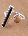 Brown Wood and Black Onyx Size Adjustable Sterling Silver Ring