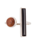 Brown Wood and Black Onyx Size Adjustable Sterling Silver Ring