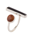 Brown Wood and Black Onyx Size Adjustable Sterling Silver Ring