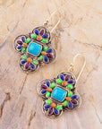 Zion Blue Turquoise Colorful Golden Cross Statement Earrings