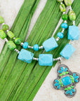 Zion Lime Green and Blue Turquoise and Sterling Silver Statement Necklace