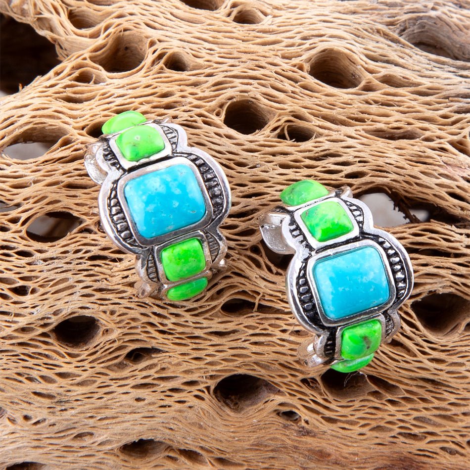 Zion Lime Green and Blue Turquoise Sterling Silver Hoop Earrings