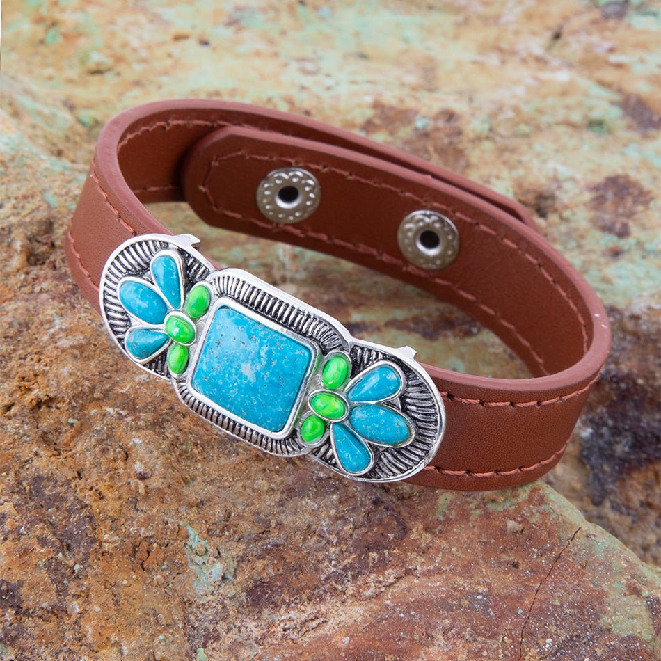 Zion Mixed Blue Turquoise and Lime Green Turquoise Sterling Silver Leather Bracelet