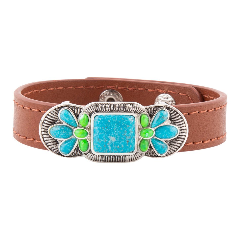Zion Mixed Blue Turquoise and Lime Green Turquoise Sterling Silver Leather Bracelet