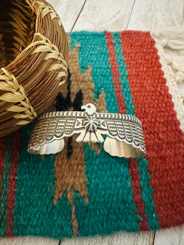 Navajo Hand Stamped Sterling Silver Thunderbird Cuff Bracelet by Darell Carmen