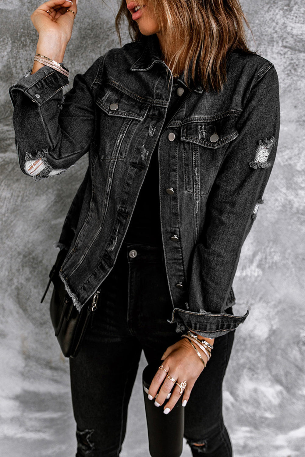 Denim Lapel Distressed Raw Hem Buttoned Jacket