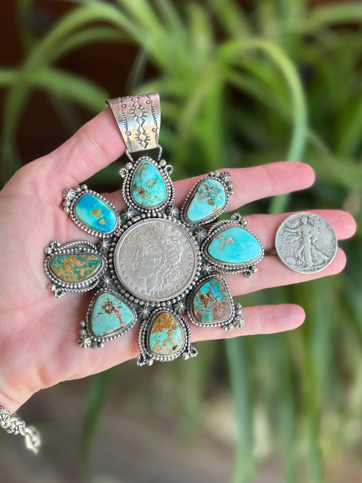Apache Sterling Silver, Morgan Dollar and Natural Royston and Pilot Mountain Turquoise Pendant by Rosella Paxson