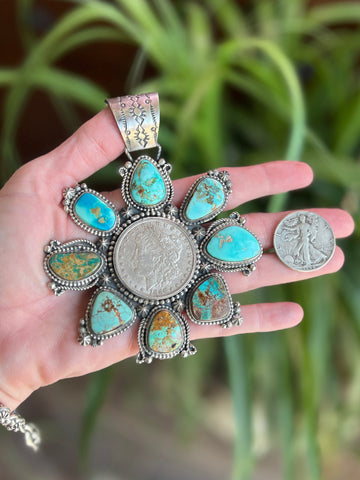 Apache Sterling Silver, Morgan Dollar and Natural Royston and Pilot Mountain Turquoise Pendant by Rosella Paxson
