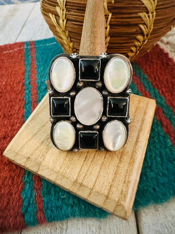 Navajo Sterling Silver, Onyx & Mother of Pearl Cluster Adjustable Ring by Charles Johnson