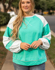 Aruba Blue Colorblock Patchwork Cross Seam Plus Sweatshirt