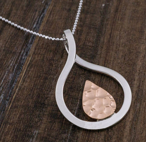 HAMMERED COPPER TEARDROP IN SILVER FRAME PENDANT