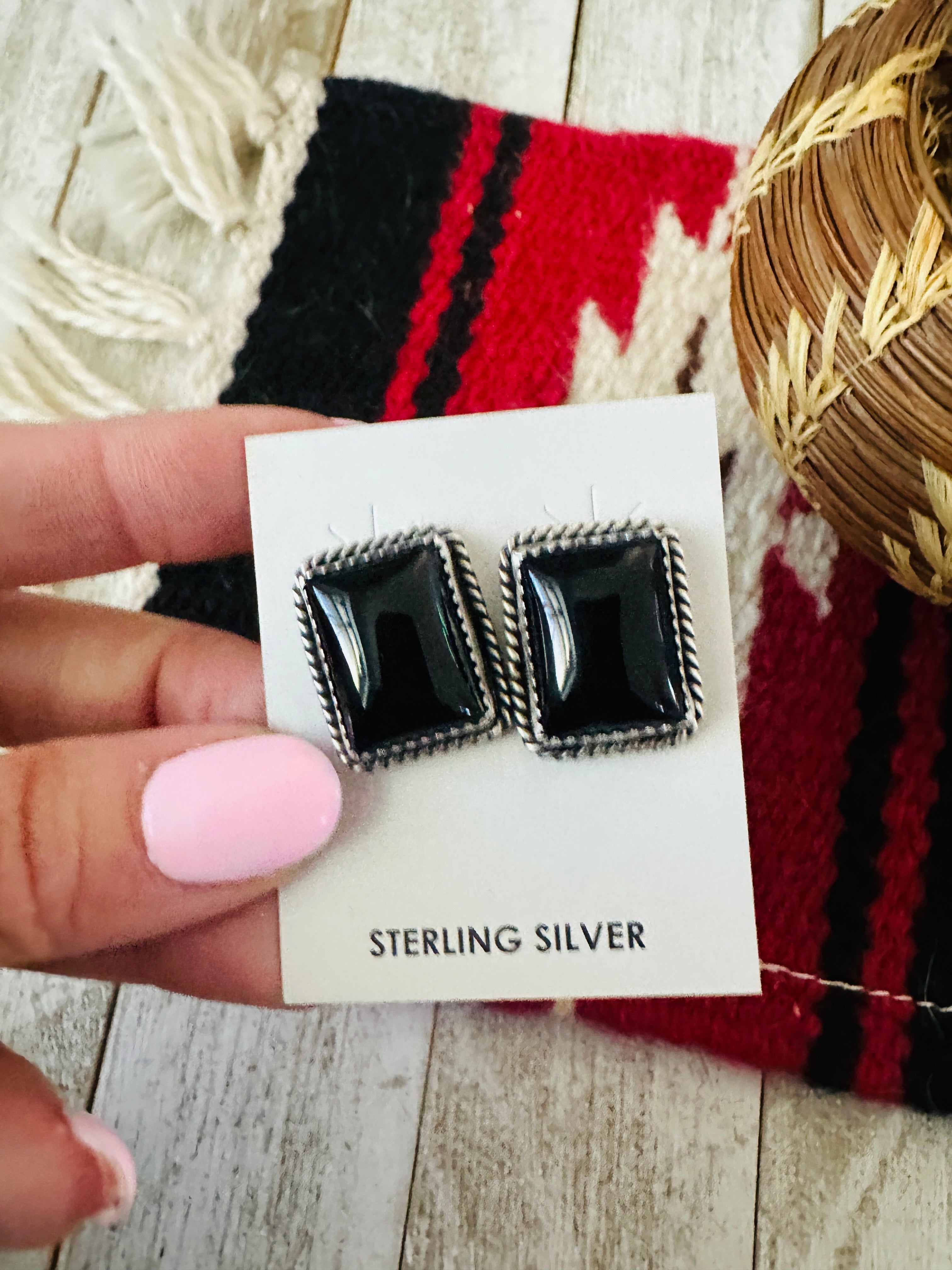 Navajo Onyx & Sterling Silver Post Earrings