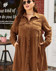 Plus Size Corduroy Button-Up Collared Shirt Dress