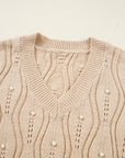 Pearl Beaded Pointelle Knit V-Neck Lace Trim Sweater