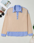 Plus Size Stripe Contrast Trim Waffle Knit Collared Top