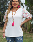 Kinslee Contrast Floral Puff Sleeve Ribbed Knit Plus Size Blouse