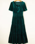Velvet Shirred Waist Tiered Maxi Dress
