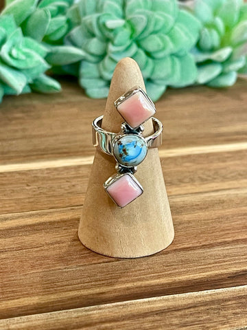 Beautiful Handmade Golden Hills Turquoise, Pink Conch And Sterling Silver Adjustable Ring