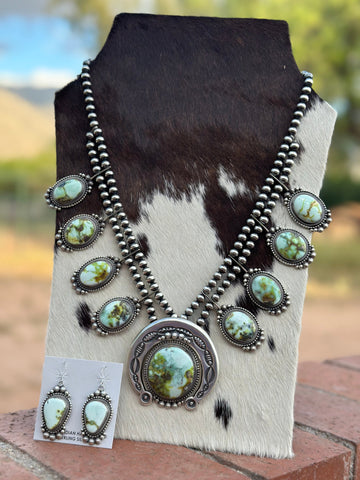 Navajo Sterling Silver Palomino Turquoise Squash Blossom Jewelry Set